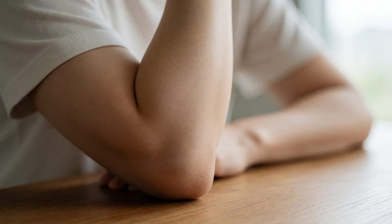 팔꿈치 접히는 부위에 집중된 각질을 클로즈업으로 보여주는 사진