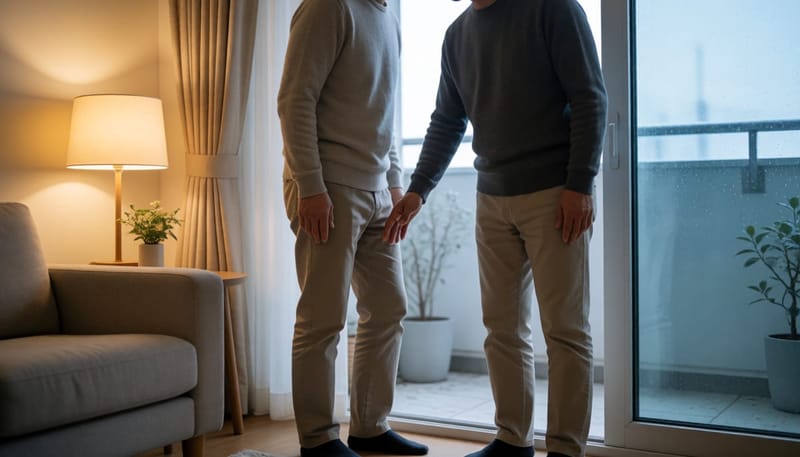 실내외 온도 차이가 느껴지는 문 앞에서 무릎을 만지는 남성