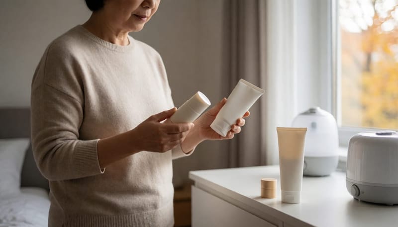 계절에 맞는 보습제를 고르며 비교하는 여성의 모습