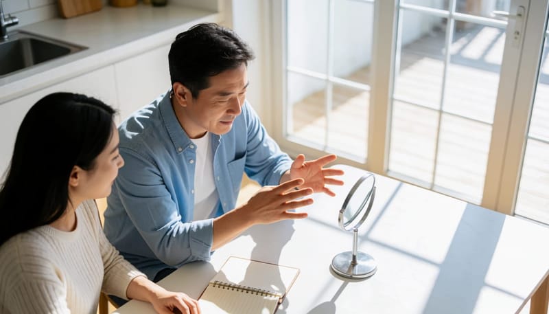 손가락 관절을 하나씩 구부려보며 상태를 확인하는 남성