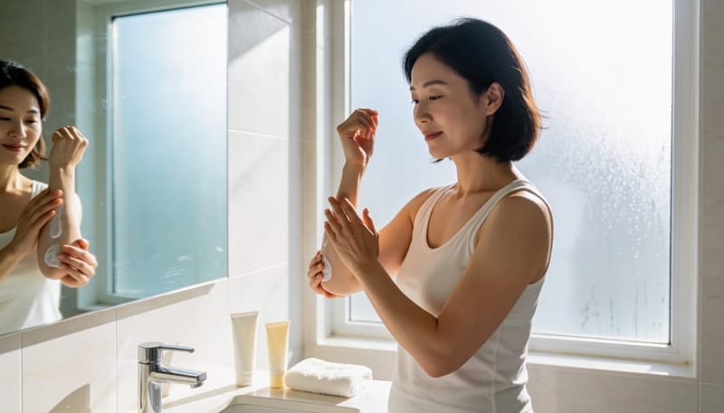 아침 시간에 보습제를 바르며 피부 관리를 시작하는 여성