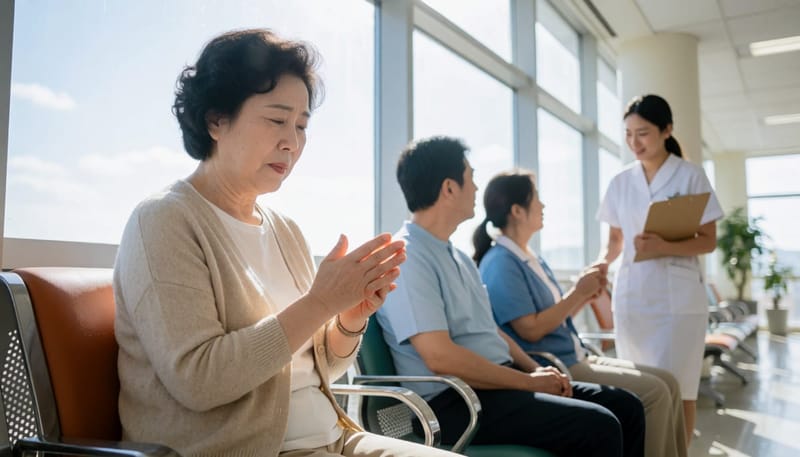 부어오른 손마디를 보며 병원에서 진료를 기다리는 여성