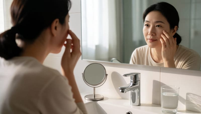거울 앞에서 눈 흰자 상태를 살펴보는 여성의 모습