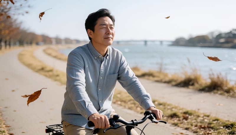 강한 햇빛과 먼지 속에서 눈을 찡그리며 자전거를 타는 남성