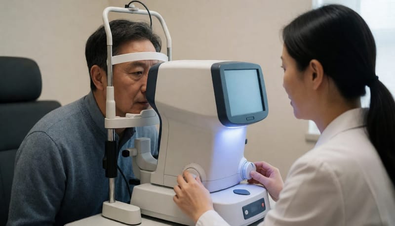안과에서 전안부 OCT 장비로 눈을 정밀 검사하는 장면