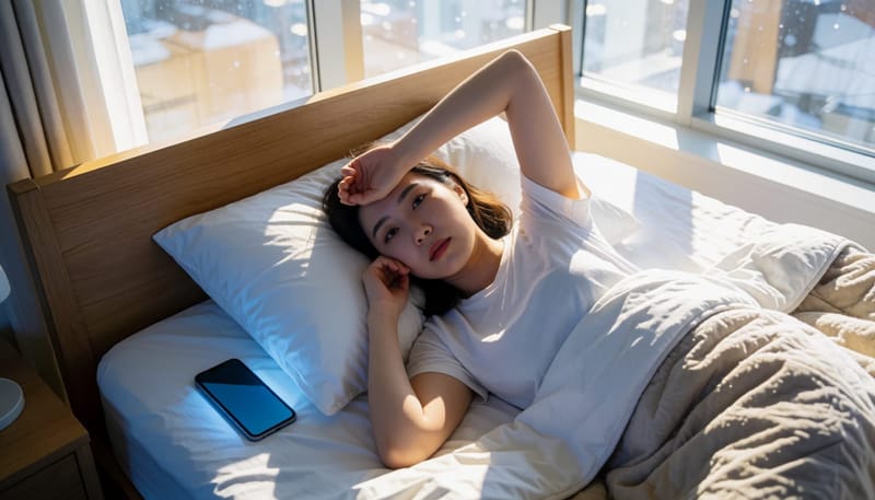 새벽 3시 침대에 누워 잠들지 못하고 천장을 바라보는 여성