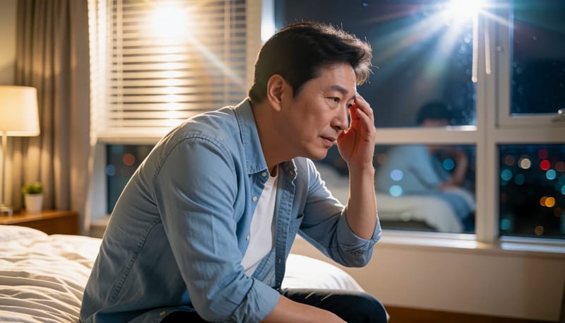 밤에 침대 끝에 앉아 괴로운 표정으로 머리를 감싸쥔 남성의 옆모습