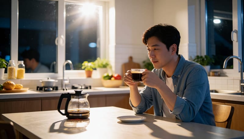 늦은 밤 부엌 식탁에서 커피잔을 들고 앉아있는 피곤한 표정의 남성