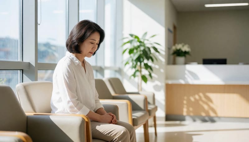 병원 대기실 의자에 앉아 생각에 잠긴 표정으로 손을 모으고 있는 여성