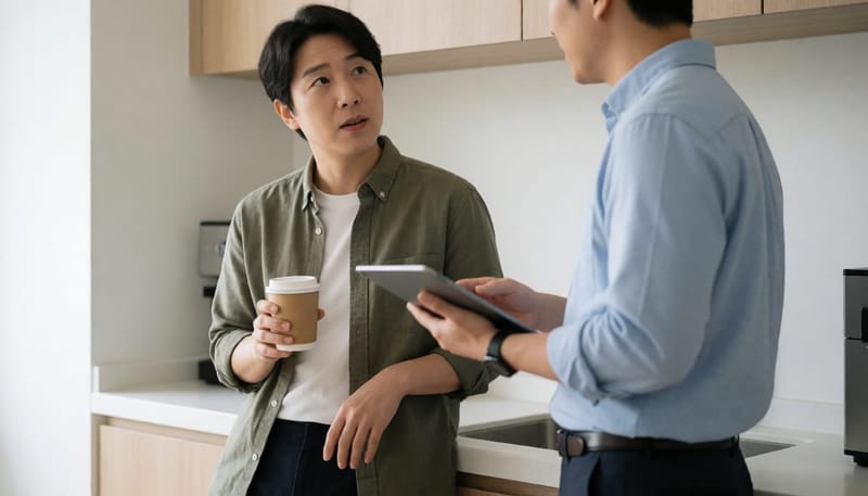 휴게실에서 동료에게 폐기능검사에 대해 묻는 직장인들