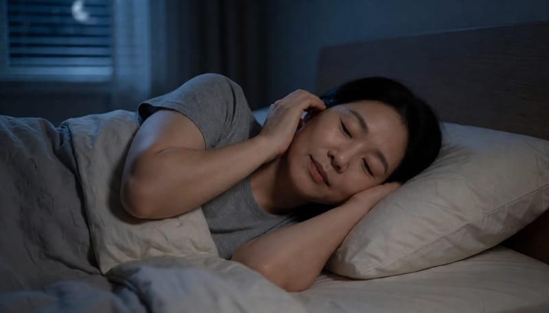 조용한 밤, 침대에 누워 귀 쪽 소리에 신경 쓰며 눈을 뜨고 있는 여성