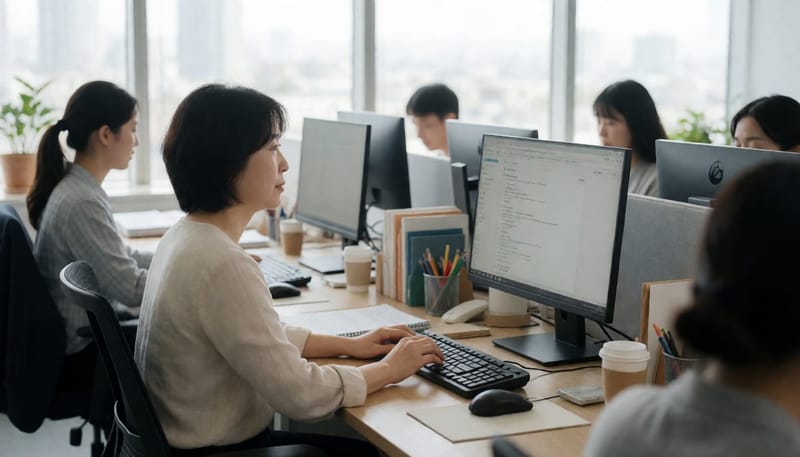 낮 동안 시끄러운 사무실에서 업무에 집중하는 여성의 모습