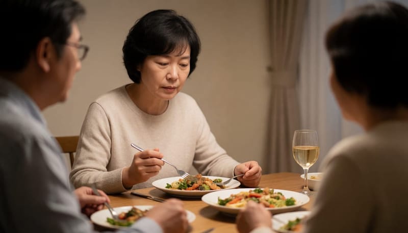 가족과 함께 있지만 소리에 신경 쓰여 대화에 집중하지 못하는 여성