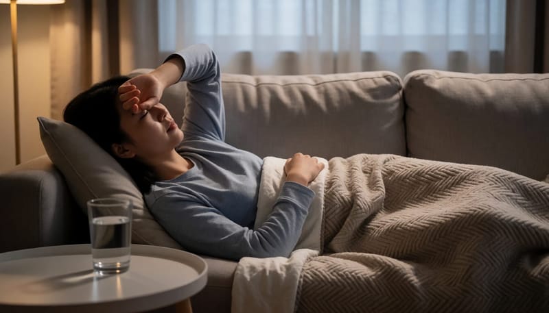 카페인 금단 증상으로 소파에 누워 있는 여성