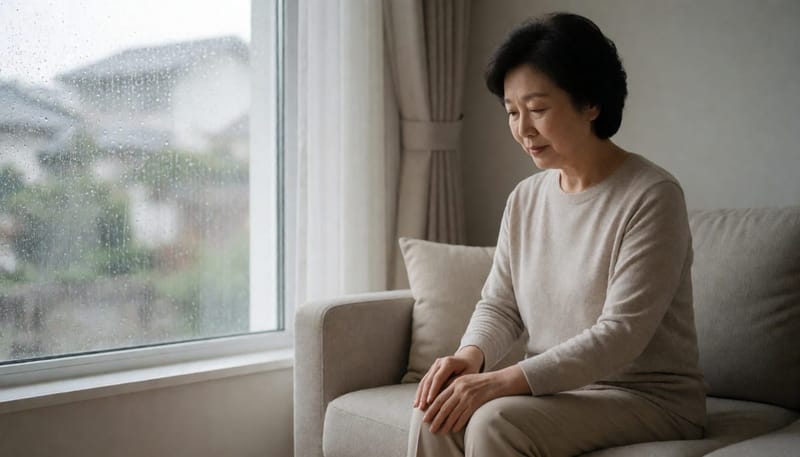 흐린 날 창가에서 무릎을 짚은 중년 여성