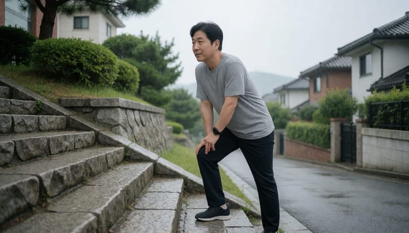 계단에서 무릎을 짚은 중년 남성