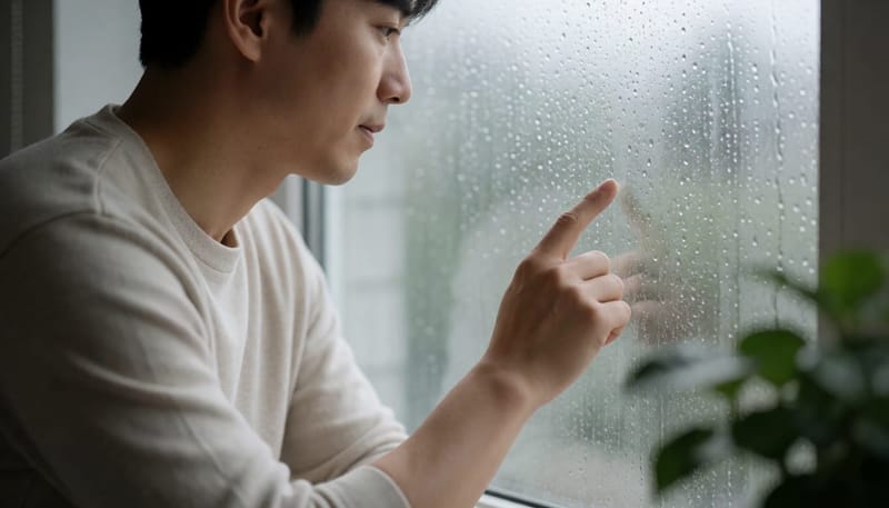 습기 찬 창문을 만지며 흐린 날씨를 느끼는 남성의 옆모습