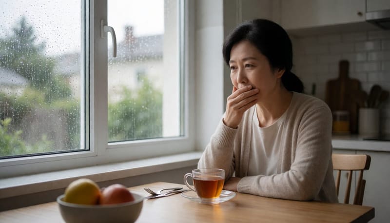 졸음과 무기력함을 느끼며 하품하는 중년 여성의 모습