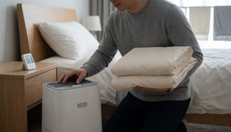 침실에 제습기를 놓고 침구를 정리하는 남성