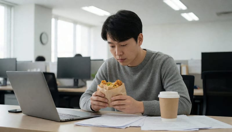 업무 중 스트레스 받으며 패스트푸드를 먹는 직장인