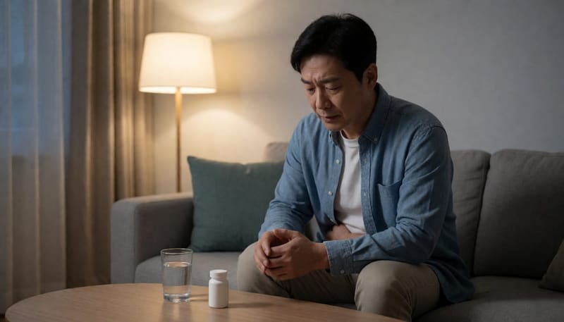 밤에 소파에서 배를 만지며 걱정스러운 표정의 남성
