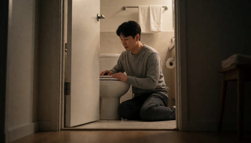 밤늦게 화장실에서 배를 움켜쥐고 있는 남성
