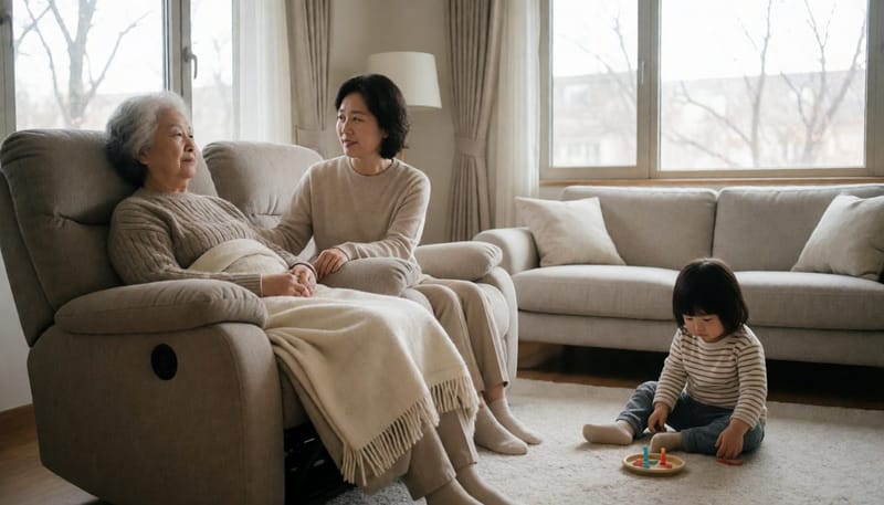 나이대가 다른 가족 구성원들이 함께 있는 거실 모습
