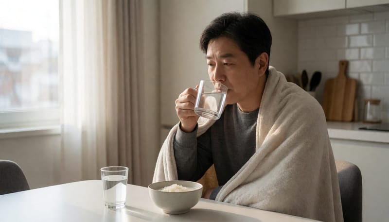 식중독 증상 이후 이틀째 죽과 이온음료로 몸을 회복하는 남성의 모습