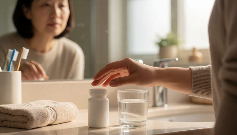 지사제를 먹을지 고민하며 약병 앞에서 망설이는 여성의 모습