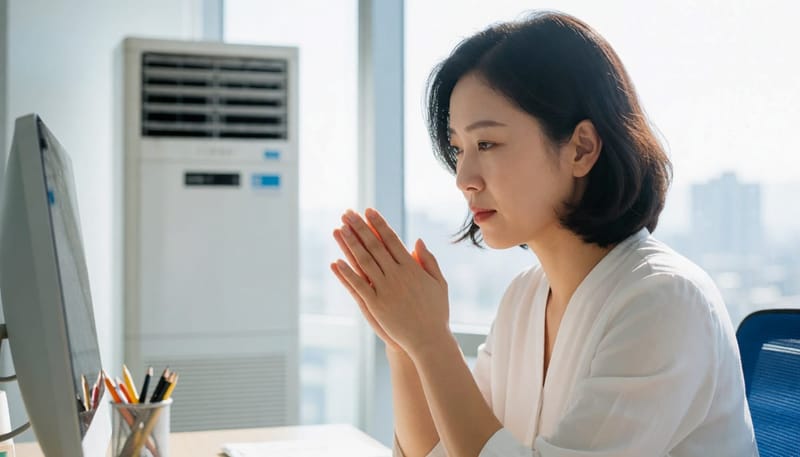 에어컨 바람 앞에서 손끝이 하얗게 변한 손을 모으고 있는 여성