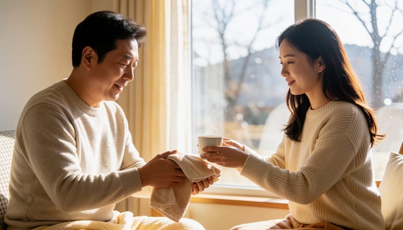 발작이 왔을 때 손을 따뜻한 수건으로 감싸고 따뜻한 물을 건네받는 모습