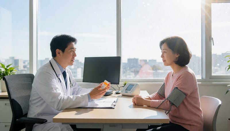 의사가 약물치료에 대해 환자에게 설명하는 진료실 장면