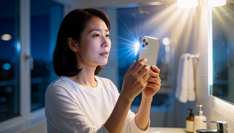 새벽 욕실에서 손거울로 입안을 비춰보는 여성