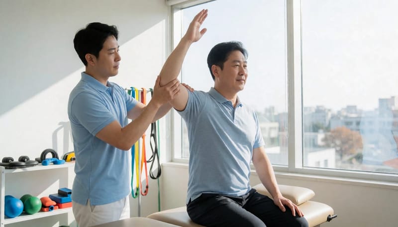 물리치료사가 환자의 어깨 안정성을 테스트하는 모습