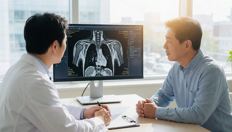 의사가 환자와 함께 어깨 MRI 영상을 확인하는 모습