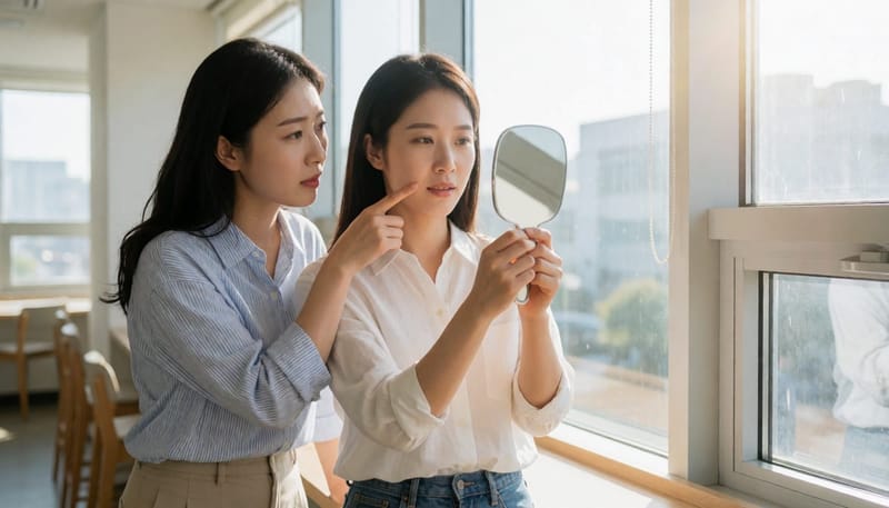 동료가 흰자에 번진 핏줄을 보고 걱정스럽게 말을 건네는 모습