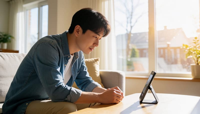 통증 없이 충혈된 눈을 스마트폰 카메라로 차분히 들여다보는 모습