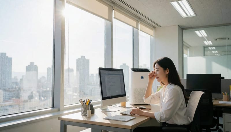미세먼지 낀 창밖과 건조한 사무실에서 눈을 비비는 직장인