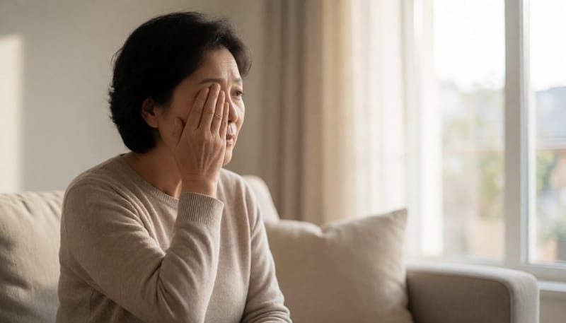 한쪽 눈을 가리고 시야 이상을 느끼는 중년 여성