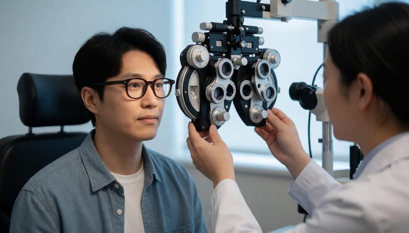 근시 검사를 받는 안경 쓴 남성