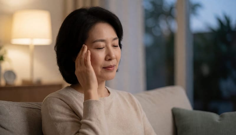 거실 소파에 앉아 눈가를 만지며 번쩍임을 느끼는 여성