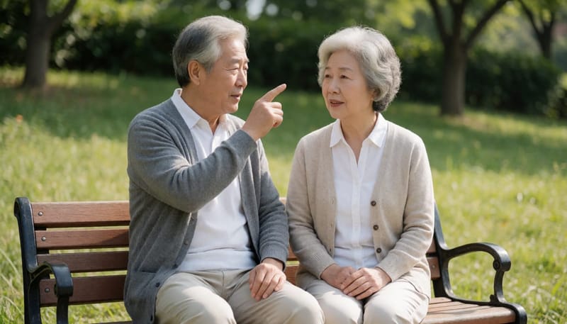 공원 벤치에서 눈 증상에 대해 대화를 나누는 노부부