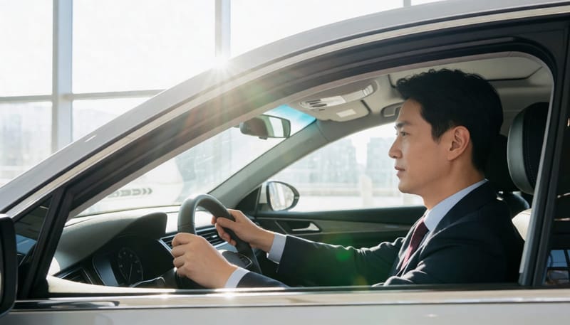 출근길 운전 중 한쪽 눈을 찡그리며 시야 이상을 느끼는 남성