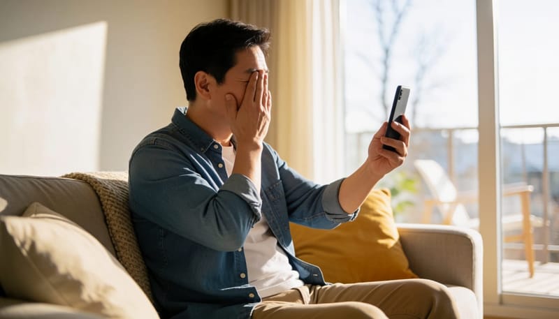 거실에서 한쪽 눈을 가리고 스마트폰 화면을 확인하며 자가 테스트하는 남성