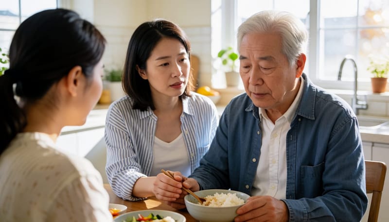 딸이 식탁에서 말없이 밥을 뜨는 아버지를 걱정스럽게 바라보는 모습