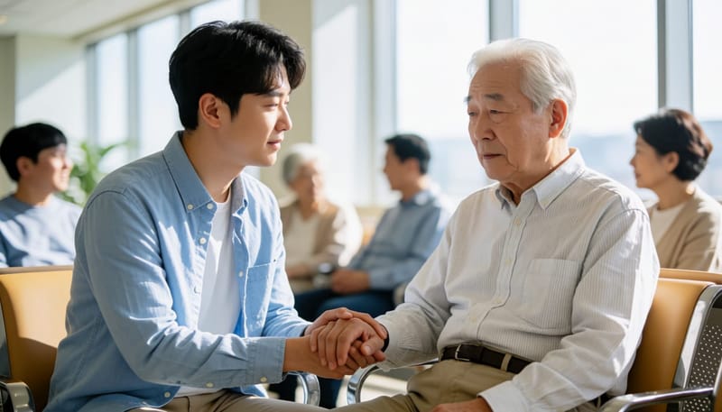 병원 대기실에서 아버지의 손을 잡아주는 아들의 모습