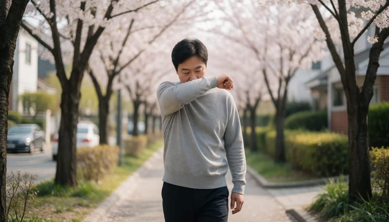 야외에서 재채기하는 남성 모습