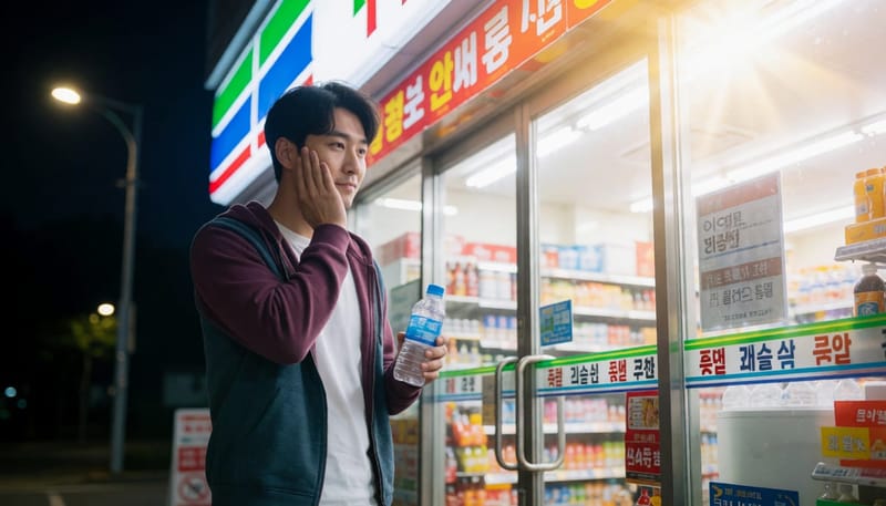 밤 편의점 앞에서 뺨을 감싸며 통증을 참는 남성
