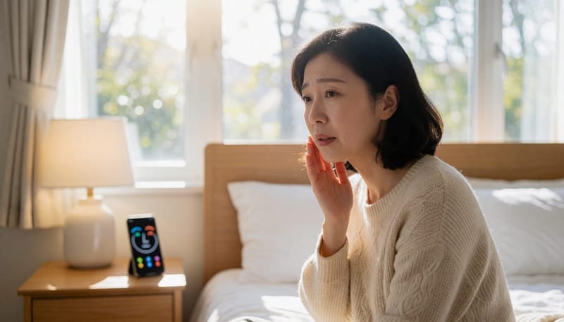집에서 통증 정도를 가늠하며 턱을 만지는 여성