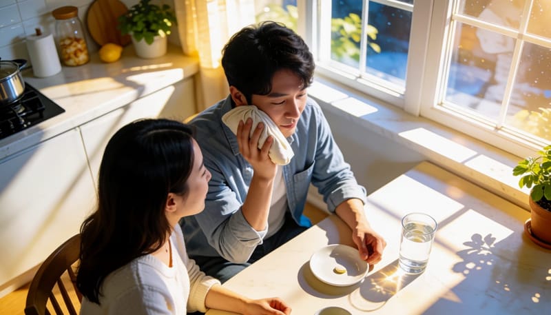 진료 전 얼음찜질로 통증을 완화하는 남성